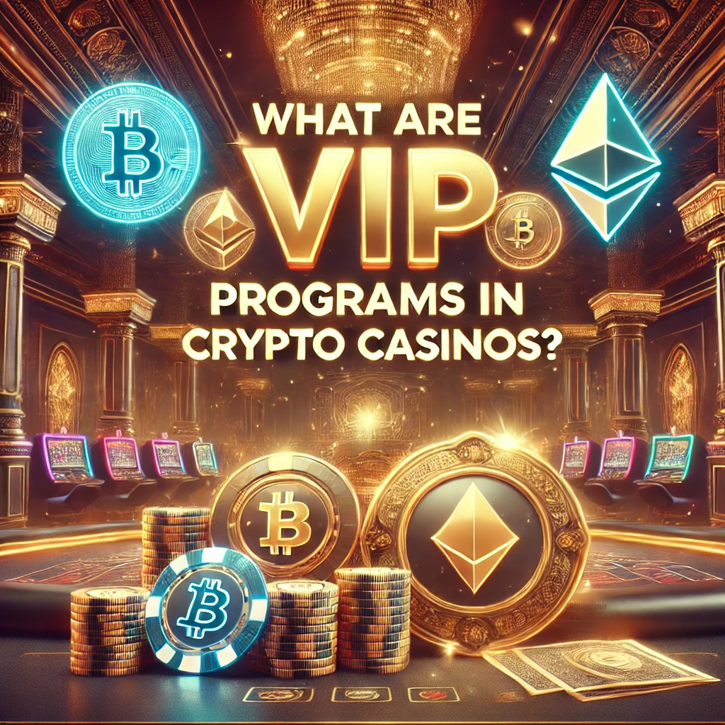 Golden VIP badge with Bitcoin and Ethereum symbols in a neon-lit, elegant casino setting.